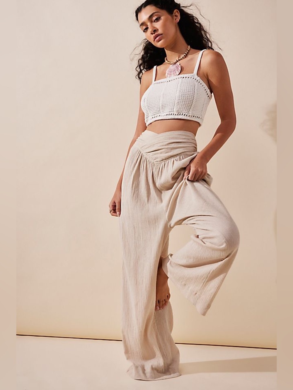 Free People Cream Wide-Leg Wrap Pants